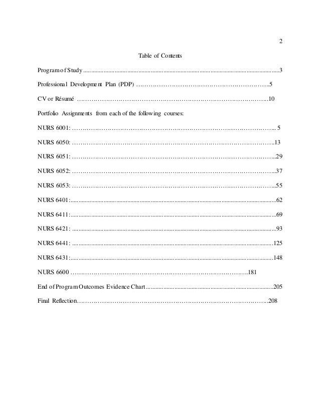 nursing portfolio table of contents